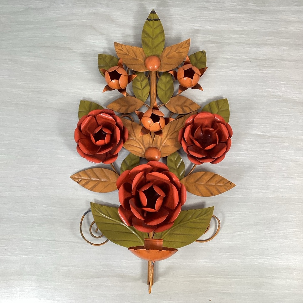 Vintage Toleware Wall Sconce Candleholder Retro Metal Floral